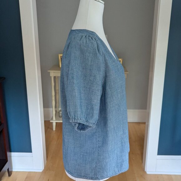 J. Crew Factory Women's Chambray V-Neck Puff Sleeves Top Blue Boho Shirt - Picture 5 of 9